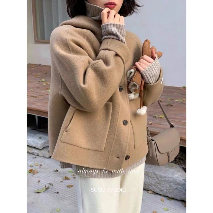 용봉모직 가을 겨울 카멜 코트 여잔키 캐주얼 모직 후드 아우터 패션 양면