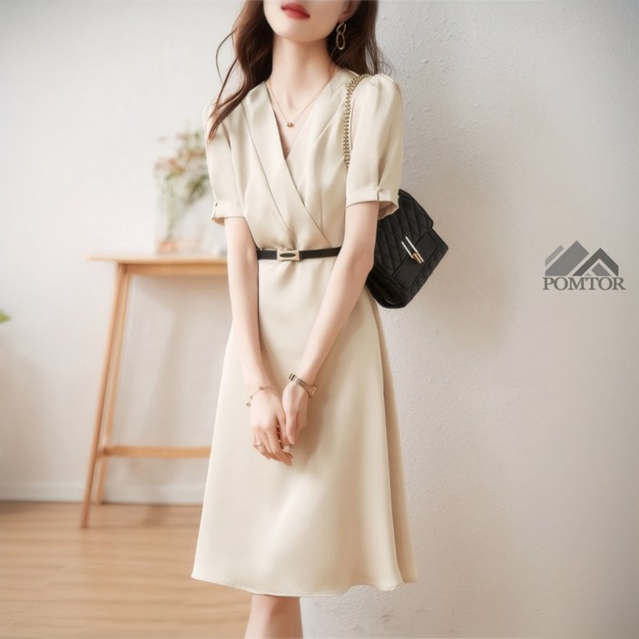 POMTOR 여성 여름 허리 조임 슬림 롱 원피스 결혼식하객룩