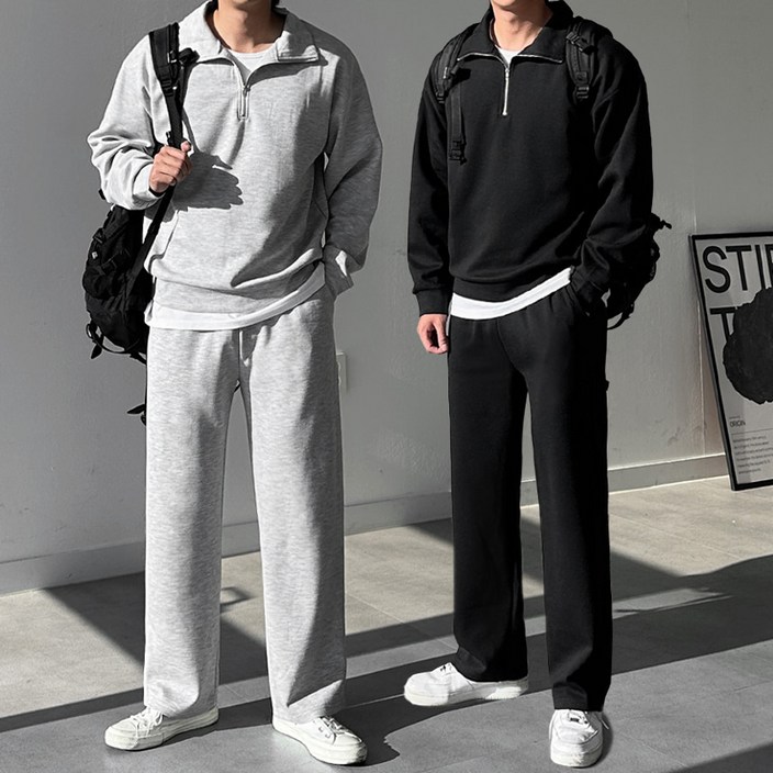 프리미엄 고급 남자 남성 반집업 맨투맨 세미와이드 트레이닝 바지 팬츠 츄리닝 셋업 상하의 세트