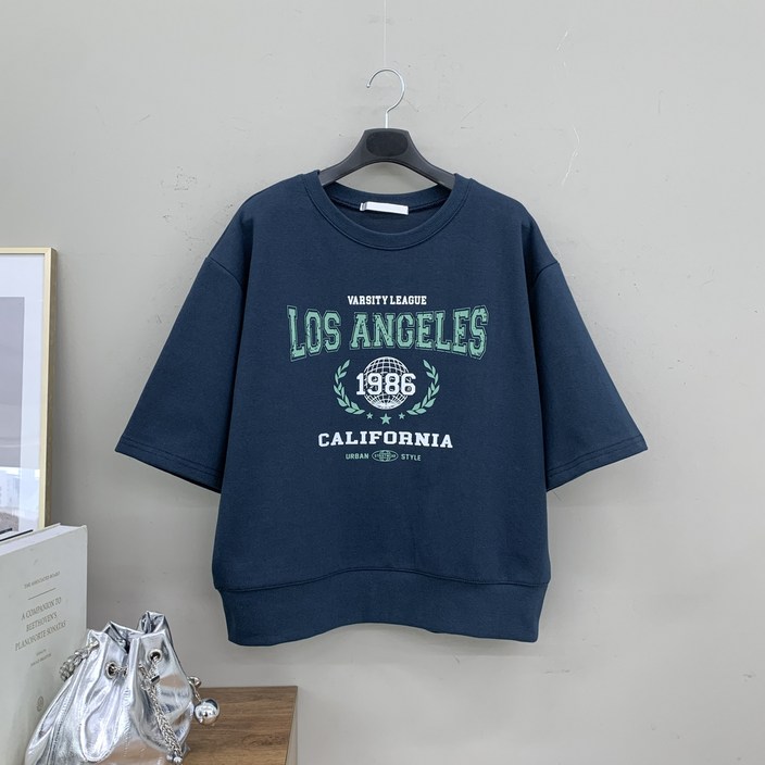 행복여 리그 레터링 루즈핏 맨투맨 7부 반팔 티셔츠