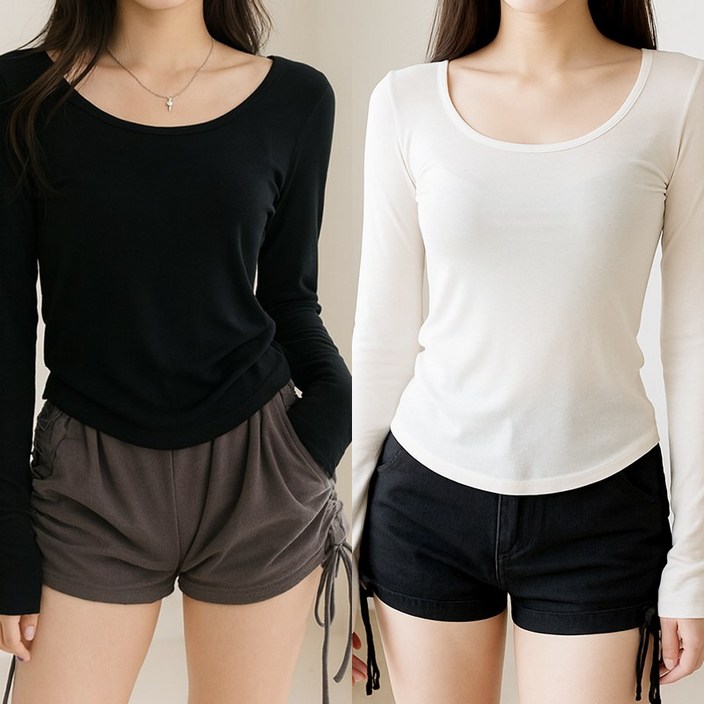 시그무드 여성용 슬림 유넥 라운드 긴팔티