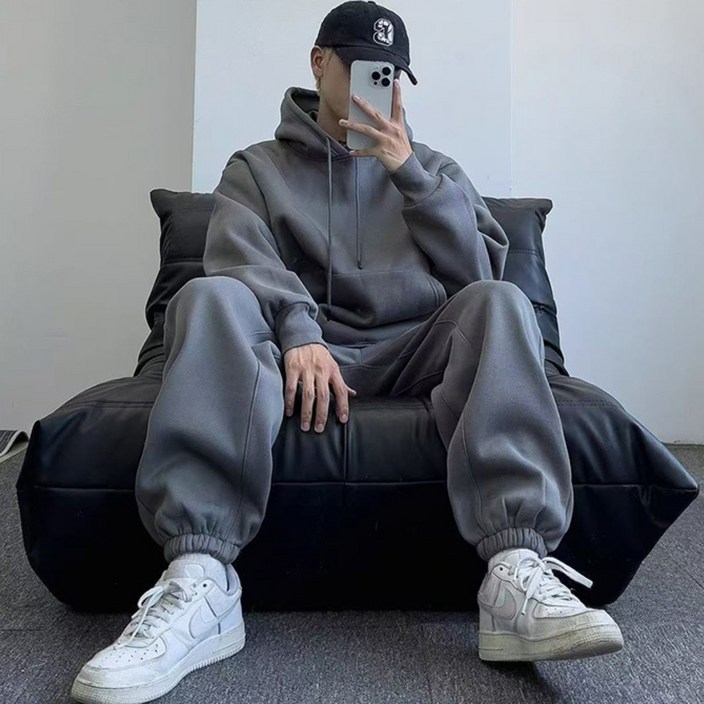 SELEAD 남성 트레이닝 세트 추리닝세트빅 사이즈 후드 맨투맨 티셔츠 상하세트  와이드 조거팬츠 데일리 투피스세트