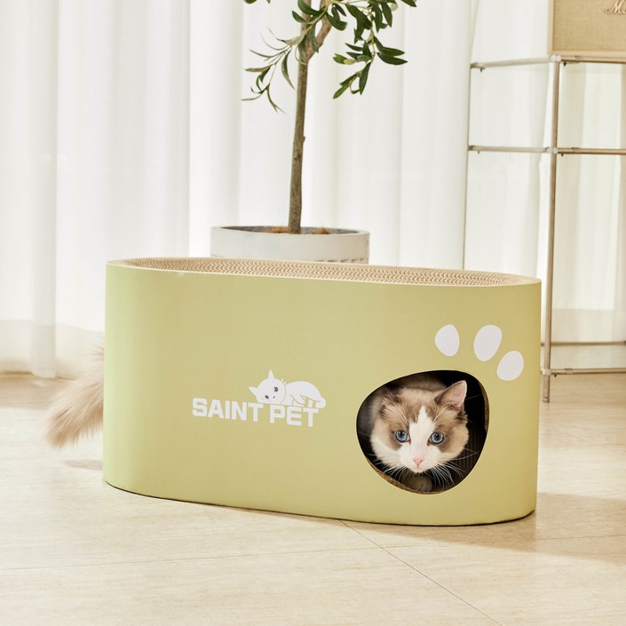 세인트펫 고양이 스크래쳐 숨숨집 2단, 올리브그린, 1개