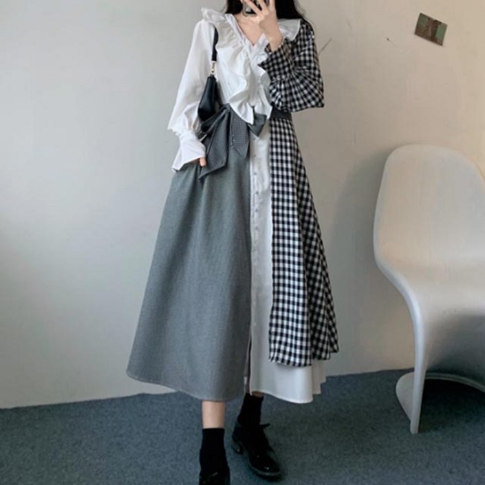 페이퍼먼츠 러블리 체크무늬 미디 롱 원피스 13782 빅사이즈 포함