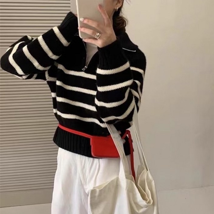 선빛 여성용 마레 데일리 스트라이프 반집업 니트