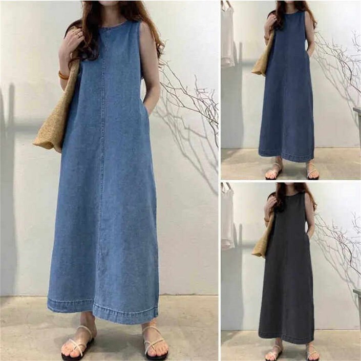 여성 멜빵 데님 롱 원피스 청 치마 스커트 민소매 맥시 루즈핏 빅사이즈 패션 캐주얼 빈티지 NQ38