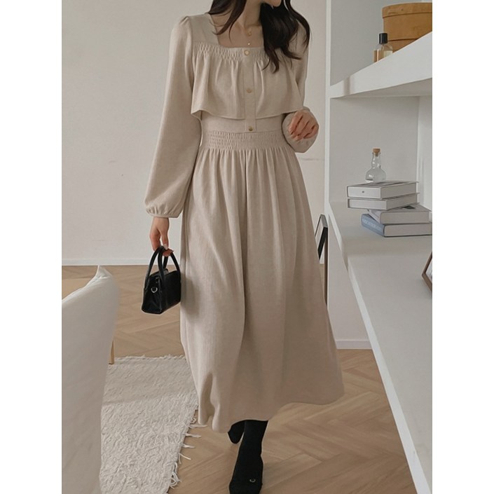 리리앤코 멜디브엔 스판 골지 스모크 밴딩 프릴 롱 원피스