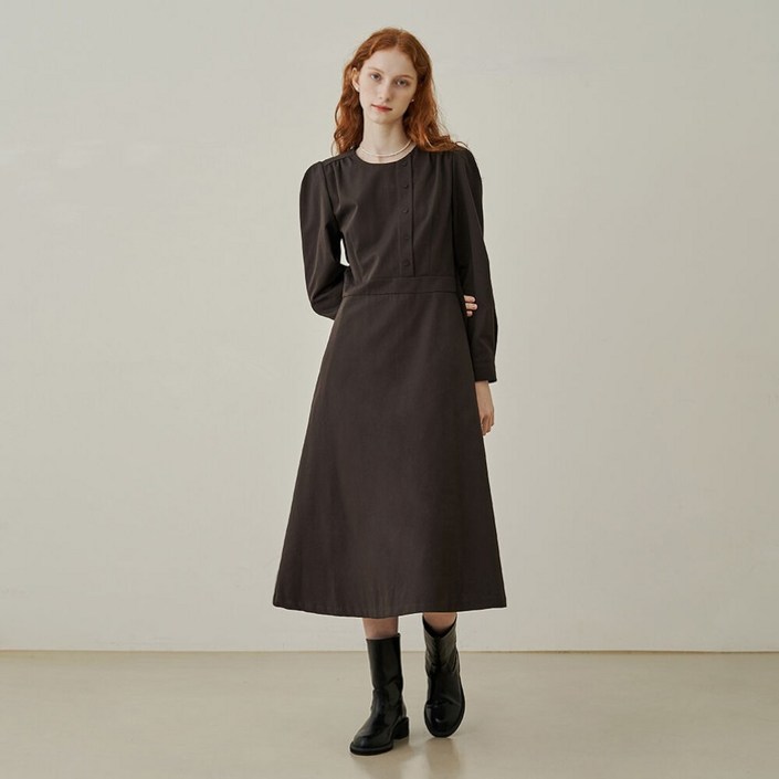 어다울 One side button puff long dress deepbrown 어다울 One side button puff long dress deepbrown