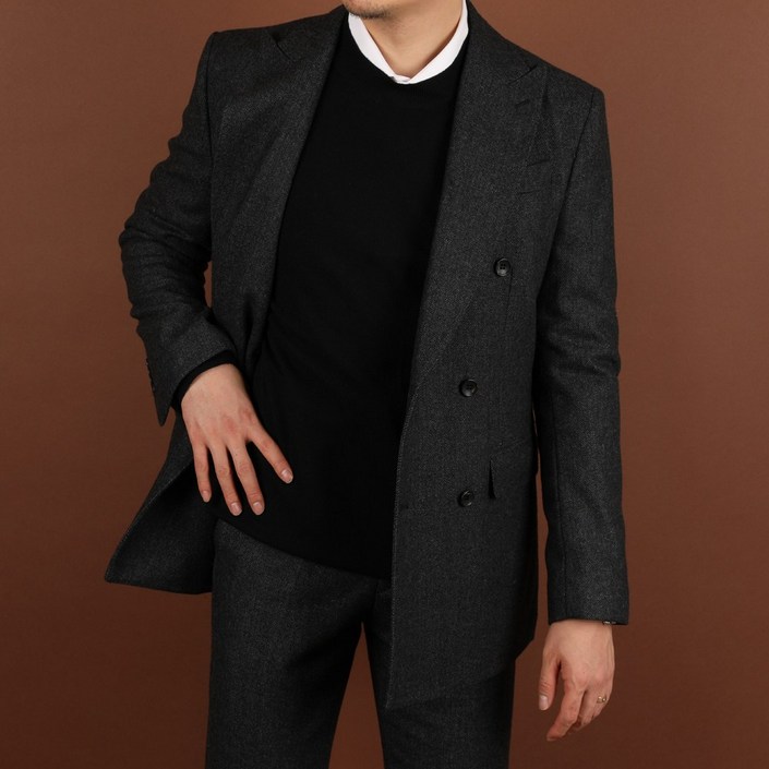 로얄수트 헤링본 더블정장 가을 겨울 모직 울 차콜 먹색 더블 수트셋업