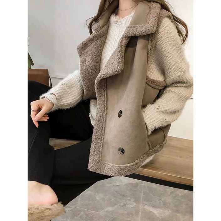 그루밍 grooming 여성 가을 겨울 방한 외투 기모 두꺼운 양모 재킷 바람막이 모피 원피스 후드 대형 민소매 어깨 조끼