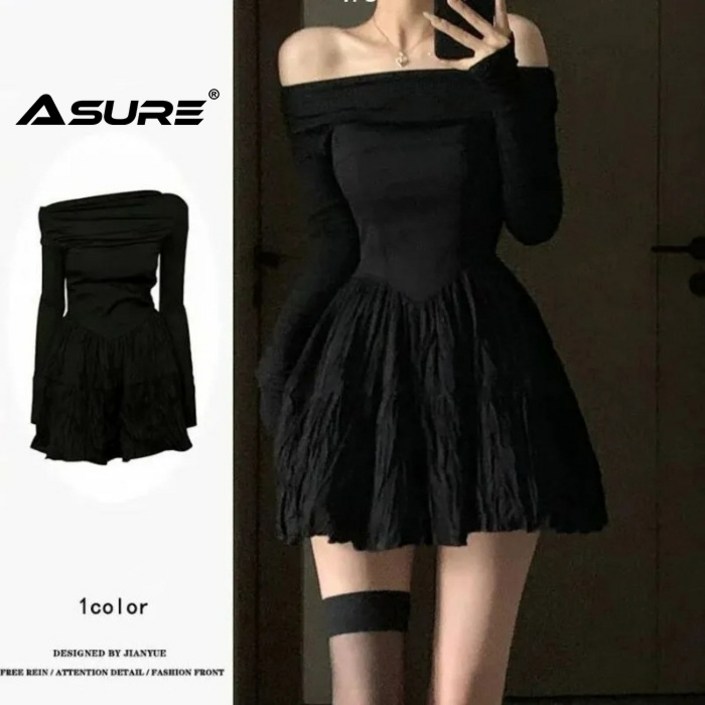 Asure 가을 여자 블랙 원피스 슬림핏 오프숄더 원피스