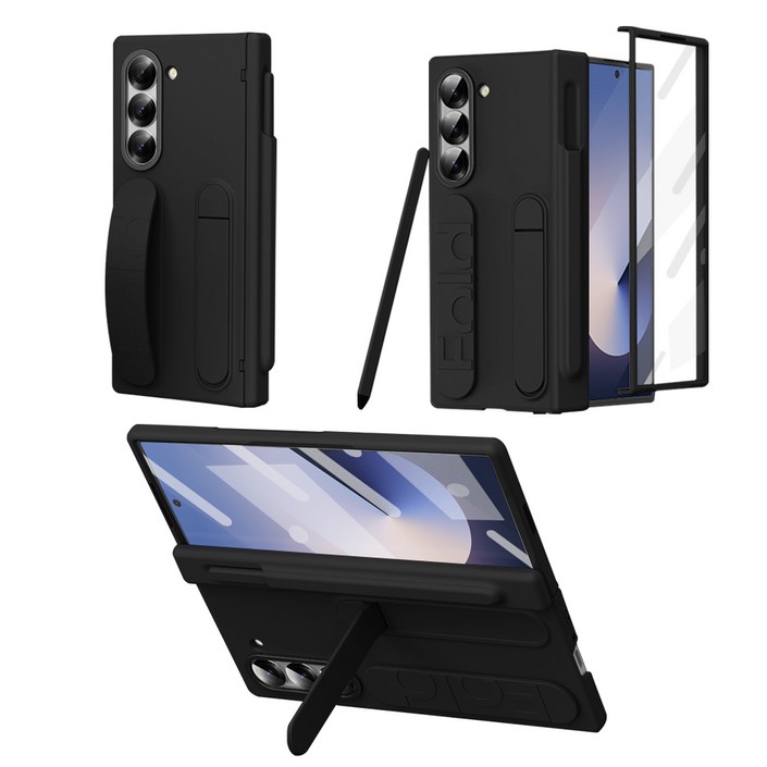 Elvo 갤럭시 Z폴드 7 6 5 호환 힌지보호 케이스 거치대 S펜 핸드 스트랩 풀커버 케이스 일체형 액정보호필름