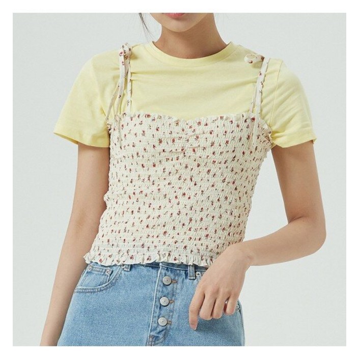 미쏘 미쏘 쁘띠 플라워 탑형 스모킹 블라우스