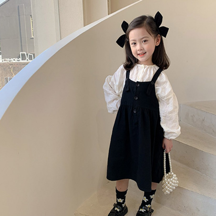 KC인증 당일출고베스더스 유아동 키즈 여아 봄 가을 원피스 블랙 멜빵 치마 블라우스 투피스 하객룩