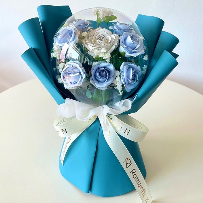 로맨틱앤 풍선꽃다발 카네이션 장미 꽃다발 LED 아크릴 꽃풍선 화환, 라인블루대형꽃다발, 1개
