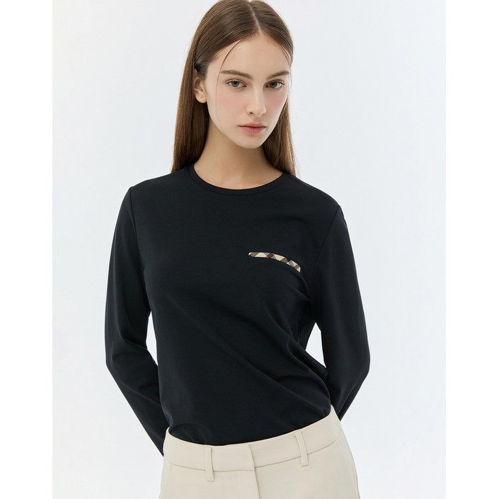 23FW 스테디셀러추가인하블랙 체크배색 라운드 긴팔티셔츠 WKTS3D001BK