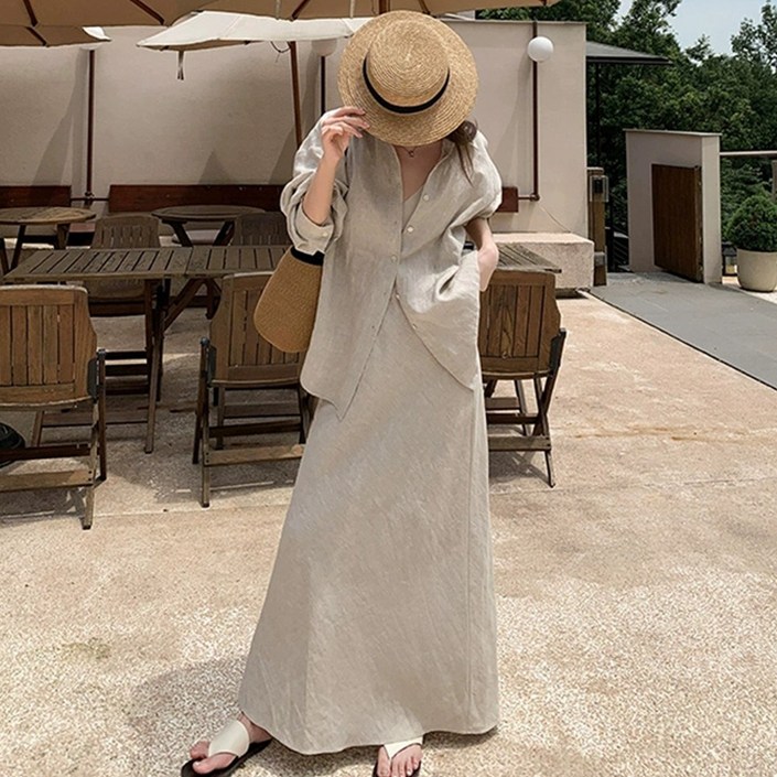 FANSYLI  여성 여름 세트 린넨 면마 긴팔셔츠 롱스커트 투피스 세트 셋업룩 바캉스룩 해변 202602JLL5030