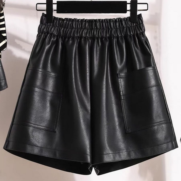 여성 레더 반바지 캐주얼 하이웨이스트 슬림핏 a라인 팬츠 루즈핏 PU 가죽 바지 기질 밴딩 레더 반바지 빅사이즈 CY