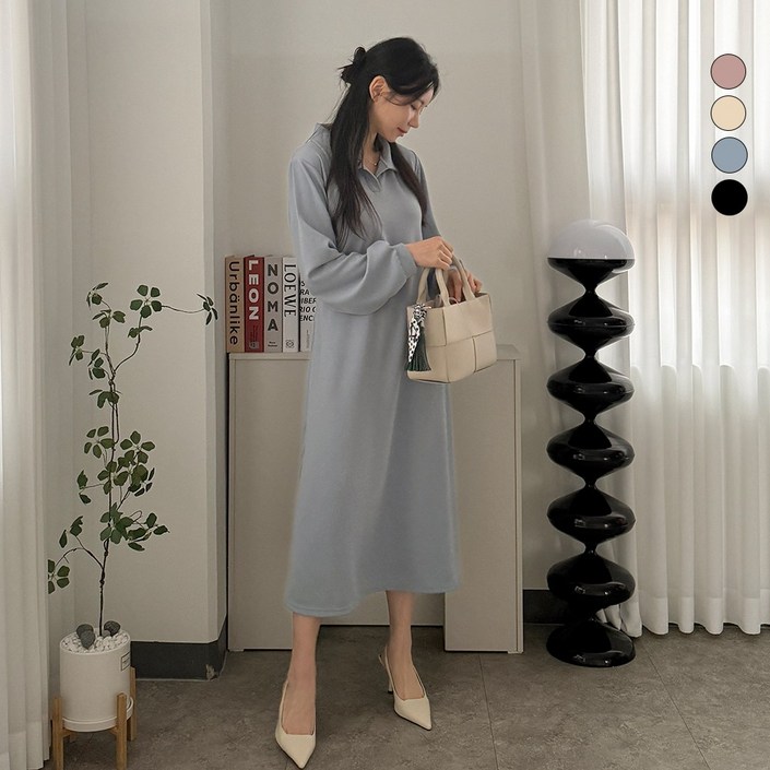 디테일웨어 여성 프롬 카라 스트랩 롱원피스 편한원피스 임부복 빅사이즈 플레어 원피스 봄 가을 간절기 무지 원피스