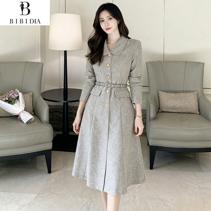 비비디아 여성 봄 가을 클래식 카라넥 금장버튼 플레어핏 하객룩 오피스룩 원피스 데일리룩벨트포함5573