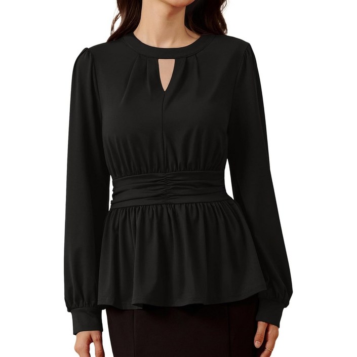 여성 긴팔 클래식 크루넥 셔링러플 밑단 블라우스 출근룩 빅사이즈 미국출고