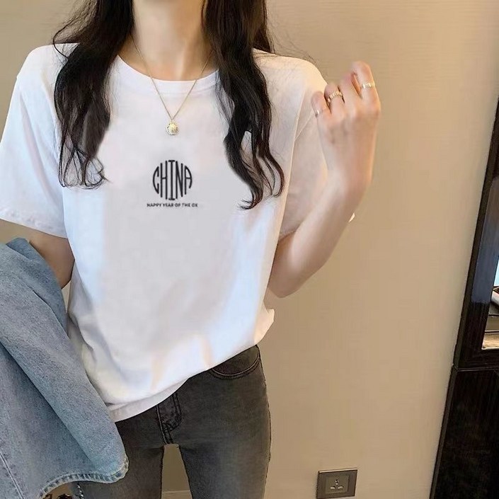 블랙 프린트 티셔츠 여 여름 신상 루즈핏 슬림핏 캐주얼 상의 디자인 감각의 인싸이클 nvduanxiu