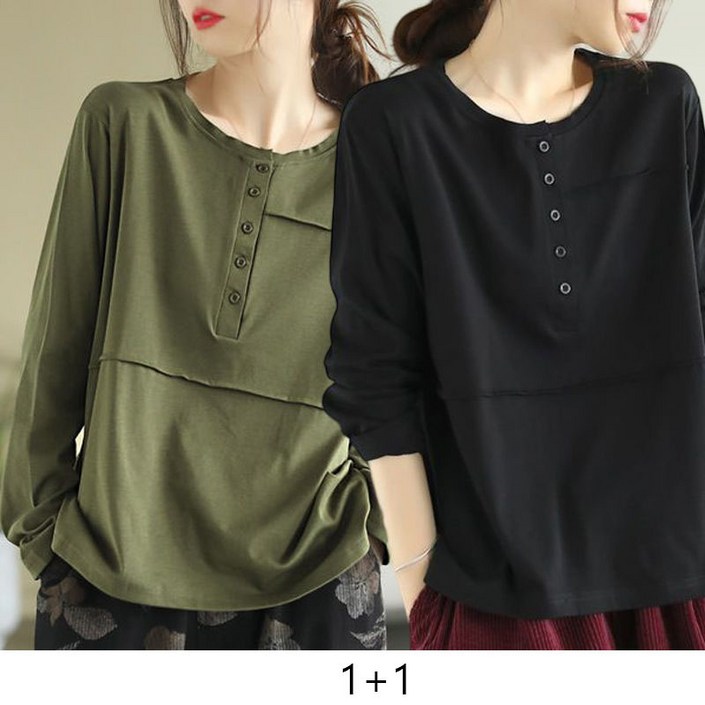 11 중년 여성 봄 가을 긴팔티 버튼 장식 루즈핏 긴팔 블라우스 캐주얼 스타일 JS
