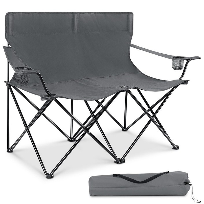 2인용 캠핑 의자 대형 더블 시트 접이식 휴대용 캠핑 벤치 의자 야외 낚시 피크닉용 휴대용 가방 포함, 1개, 회색