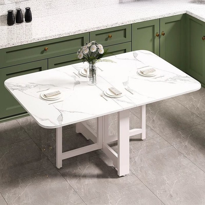 오아루 접이식 확장형 주방 식탁 테이블, 4인용, 마블 화이트+화이트 프레임