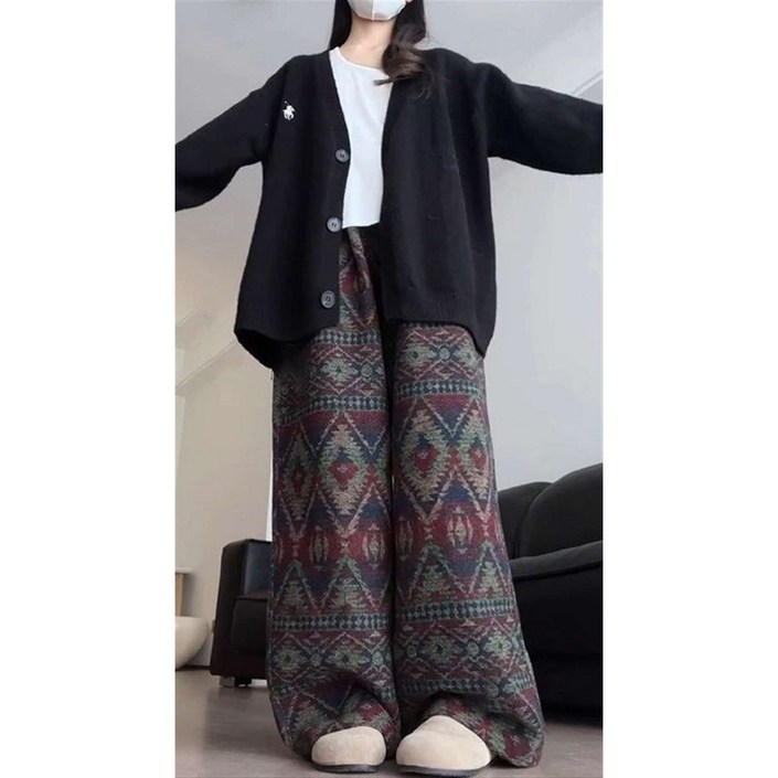 JIEVE 여성용 보헤미안 스타일 기하학 무늬 니트 와이드 팬츠 가을 겨울 캐주얼 바지 W18