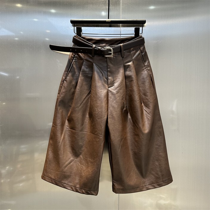 레더 반바지 가죽 코디 5부팬츠 레자 뒷밴딩 가죽반바지 숏팬츠 와이드 겨울 와이드팬츠