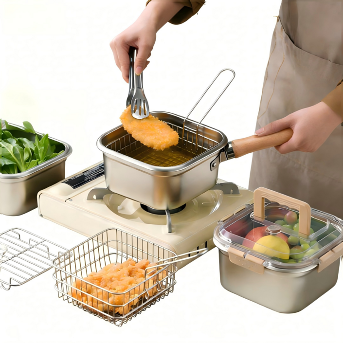 Shipshape 다용도 스텐 튀김 냄비 캠핑 튀김냄비 스텐 밀폐용기 방향용기 다용도 냄비 스텐  편수 냄비  튀김 바구니와 집게 포함
