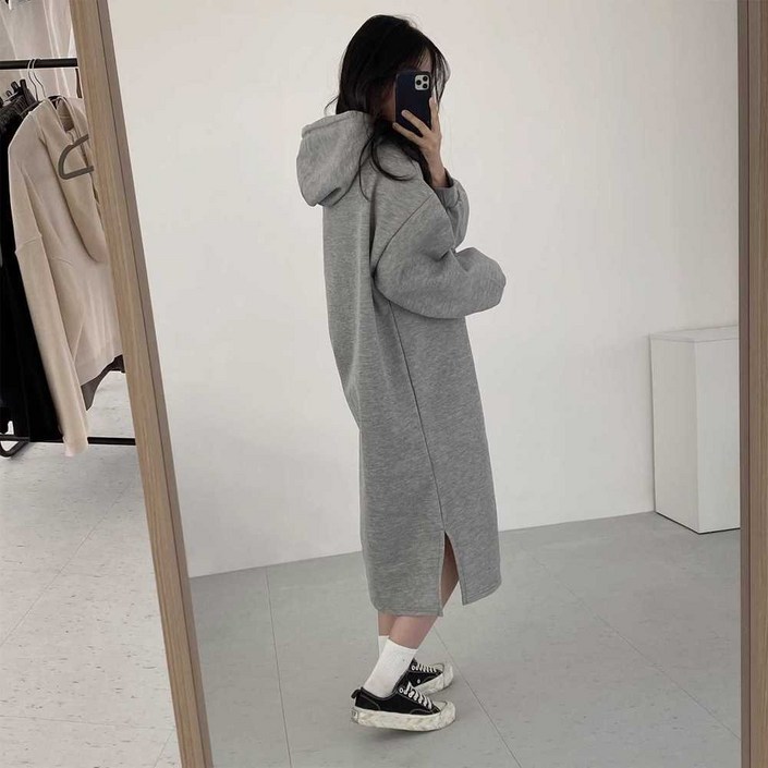 예쁜 여성 롱 원피스 루즈핏 후드 퍼프 슬리브 가을 겨울 데일리룩 원사이즈 국내