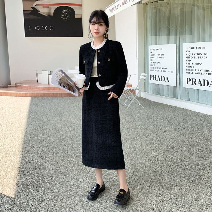 봄 가을 여성 소향풍 롱스커트 세트 트위드 숏코트  스커트 투피스 캐주얼 YXF