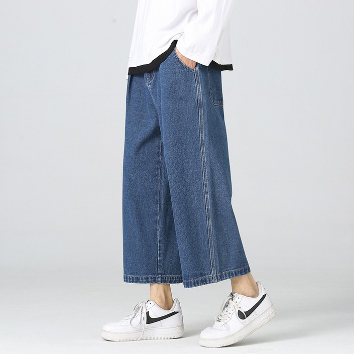 여름 남성용 팔부 데님 반바지 얇은 연한 색상 중간 길이 바지 트렌드 브랜드 8부 바지 드레이프 와이드 팬츠 신상품