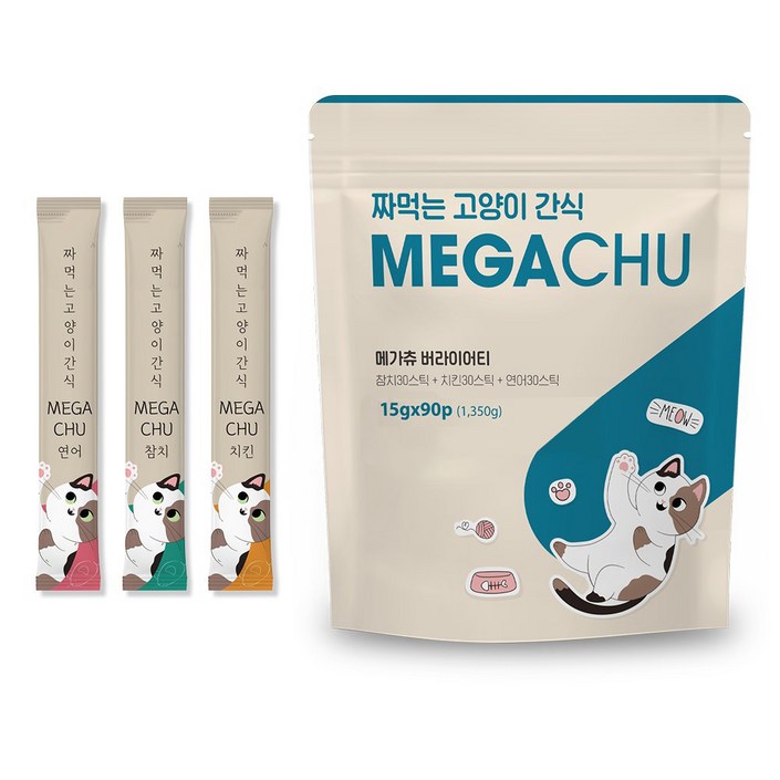 메가츄 짜먹는 츄르 고양이간식 90스틱 대용량, 2개, 연어+치킨+참치, 15g, 180p