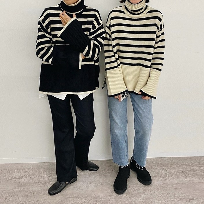 트루펙트 여성 하이넥 스웨터 복고풍 흑백 스트라이프 하이넥니트 루즈핏 스타일 도톰상의 캐주얼스타일 여성 가을겨울 패션 신상