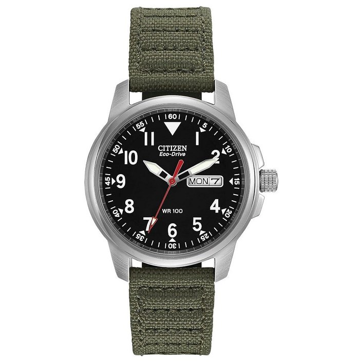 Citizen 남성용 EcoDrive 위켄더 개리슨 필드 시계, 스테인리스 스틸, 올리브 나일론 스트랩, 블랙 다이얼 모델 BM818003E, 그린 스트랩, 블랙 다이