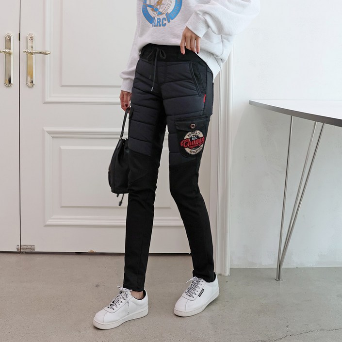 모모스 겨울 여성용 슬림핏 기모안감 누빔 면바지 허리밴딩 스판 스트링 조거팬츠 winter jogger pants