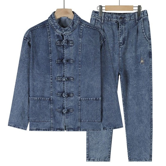 남자 데님 세트 와이드 워싱 자수 청자켓+청바지 스탠드칼라 빅사이즈 비보뉴