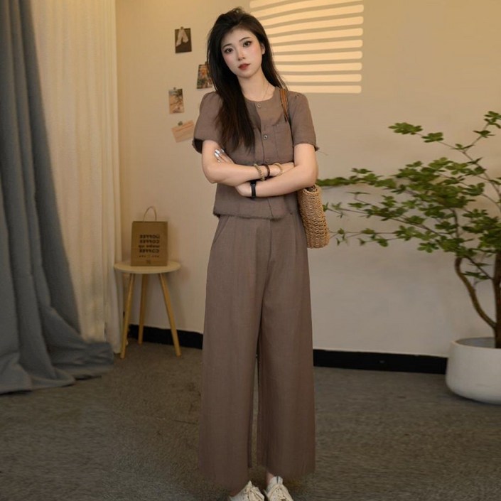 여성 여름 린넨 세트 캐주얼 면 마 상의 하이웨이스트 밴딩 와이드 팬츠 상하의 투피스 기질 빈티지 세트 CY