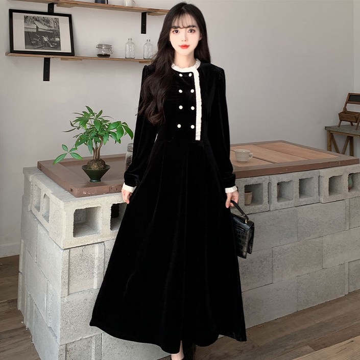 [PINKFUL M-4XL] 빅사이즈 신상 고급스러운 예쁜 벨벳 원단 루즈핏 캐주얼 데일리 롱 무지 원피스 플레어스커트 A라인 스커트