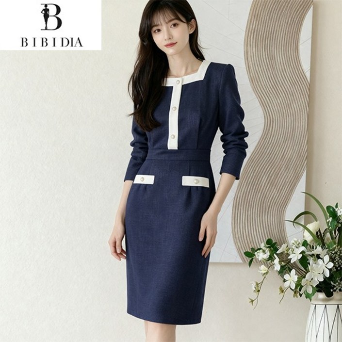 비비디아 여성 봄가을 오피스룩 배색 슬림 원피스 정장 스타일 미디 드레스 출근룩5576