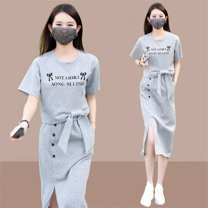 JIEVE   여성용  봄 여름 가을 반팔 트레이닝 세트 트임 스커트 투피스  WW030870