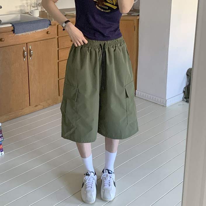 앤샵 남녀공용당일출고 벨뷰 와이드 루즈핏 카고 밴딩 버뮤다 팬츠 4color