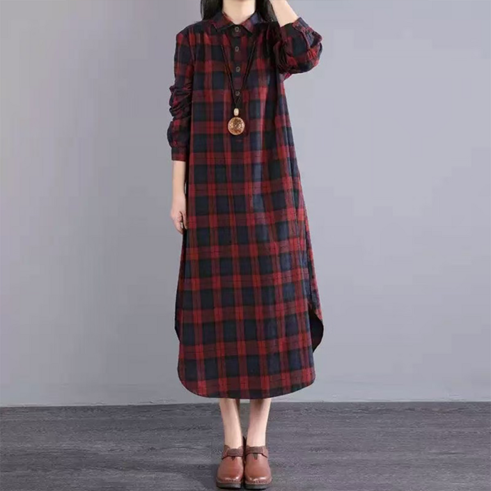 오스틱니 빅사이즈 여성 린넨 체크 셔츠형 롱 언밸 원피스 가을가을 편한 옆트임 카라 버튼 a라인 스커트 배색 우아한 코디 루즈핏 캐쥬얼 프리미엄 원단 패션 얇은 체크 셔츠 원피스