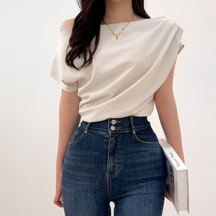 투디 반팔 캡소매 보트넥 사이드 셔링 오프숄더 블라우스, 4color 투디 반팔 캡소매 보트넥 사이드 셔링 오프숄더 블라우스, 4color