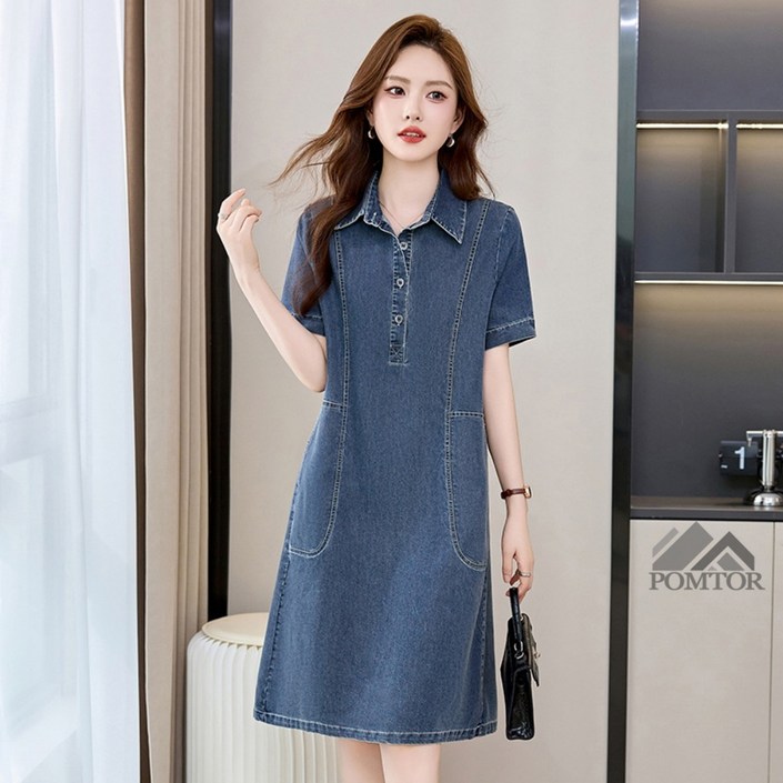 POMTOR 여성 빅사이즈 반팔 칼라 데님 원피스