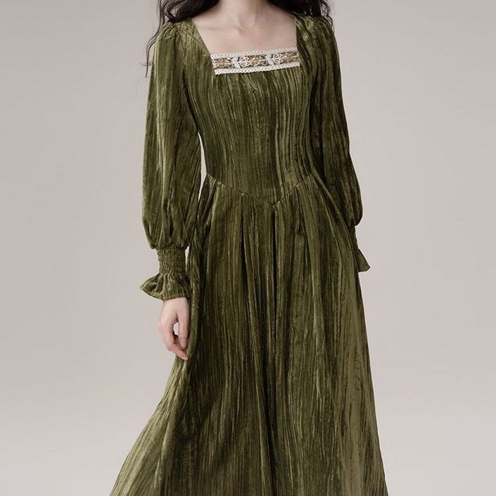 여성 스퀘어넥 긴팔 원피스 여성용 벨벳 드레스 고급스러운 디자인 가을 겨울 스타일 CBB