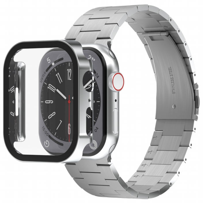 아이메이드잇 애플워치 호환 로이스 메탈 스트랩  풀커버 보호 일체형 케이스, 실버